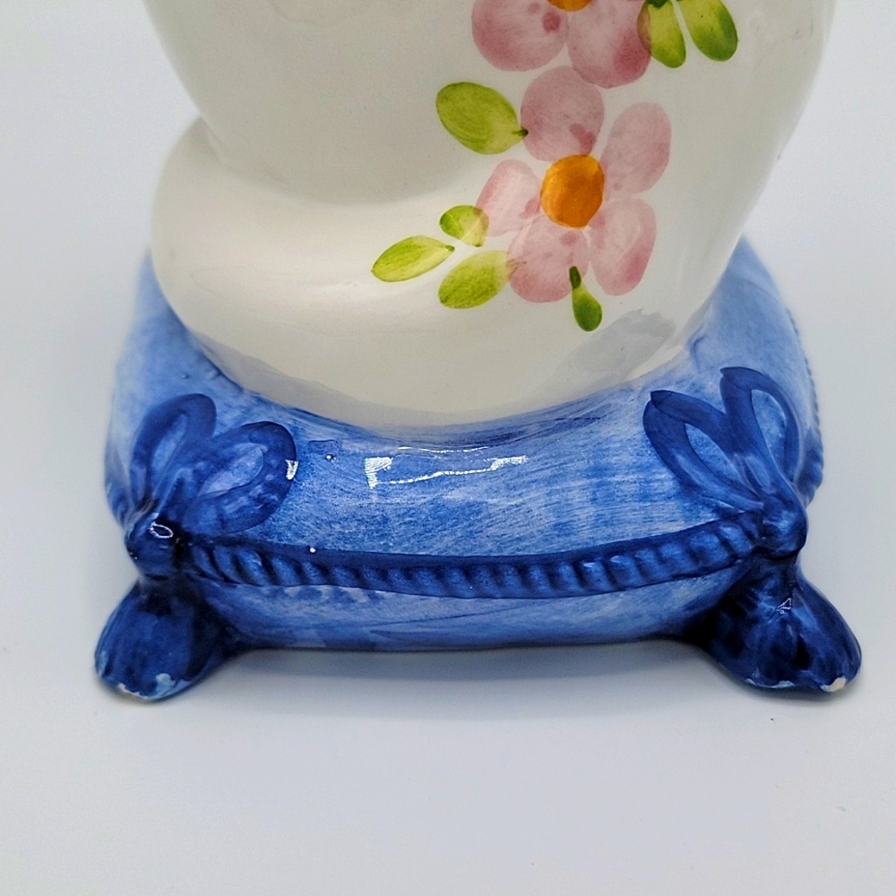 Vintage Majolica Italy Cat On Blue Pillow w/ Hand Painted Flowers On The Back - Picture 10 of 14